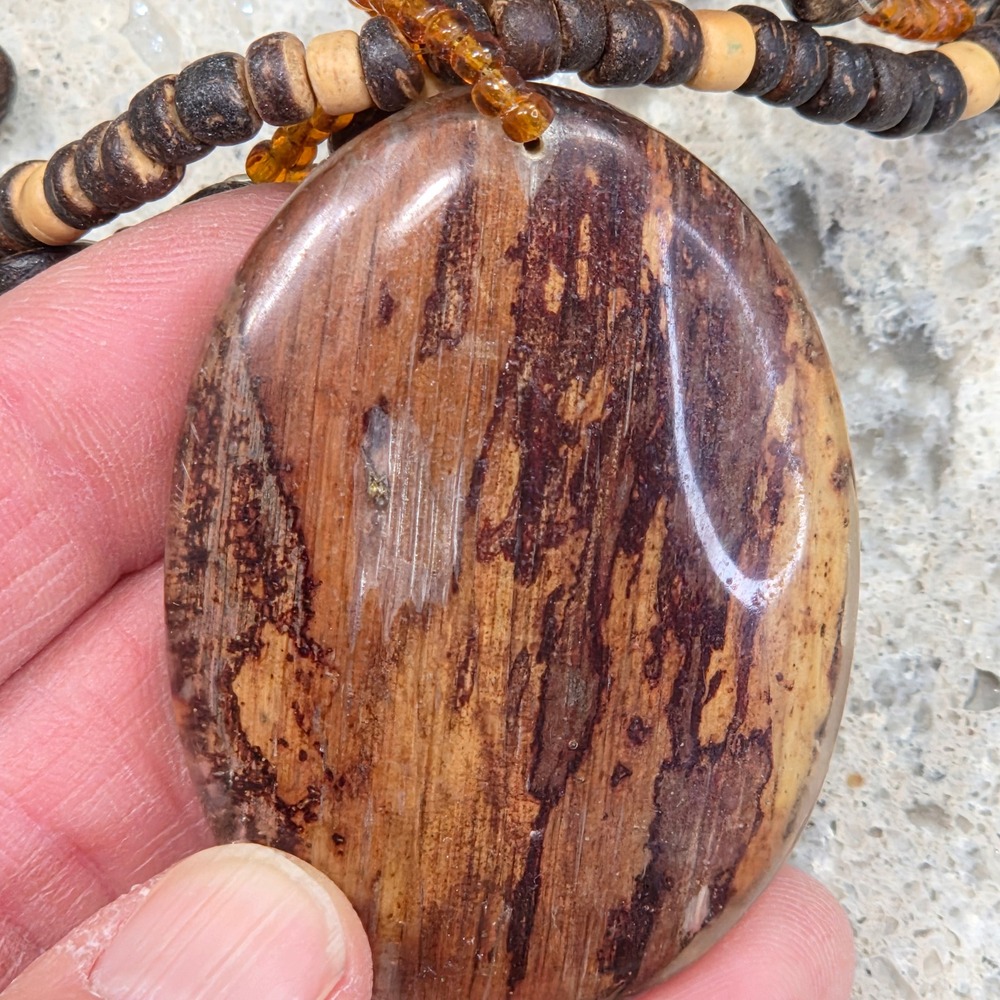 Vintage Boho Multi-Strand Wood Bead Necklace Large Oval Wood Grain Pendant Amber